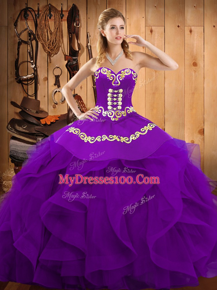 Purple Lace Up Sweetheart Embroidery and Ruffles Vestidos de Quinceanera Organza Sleeveless