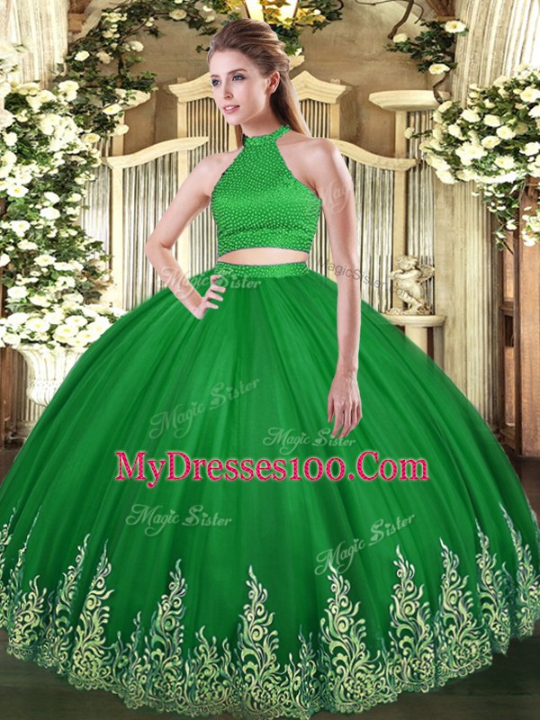 Green Halter Top Neckline Beading and Appliques Quinceanera Dresses Sleeveless Backless