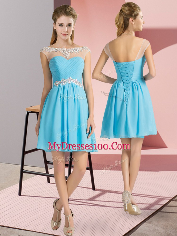 Inexpensive Aqua Blue Cap Sleeves Mini Length Beading Lace Up Homecoming Dress