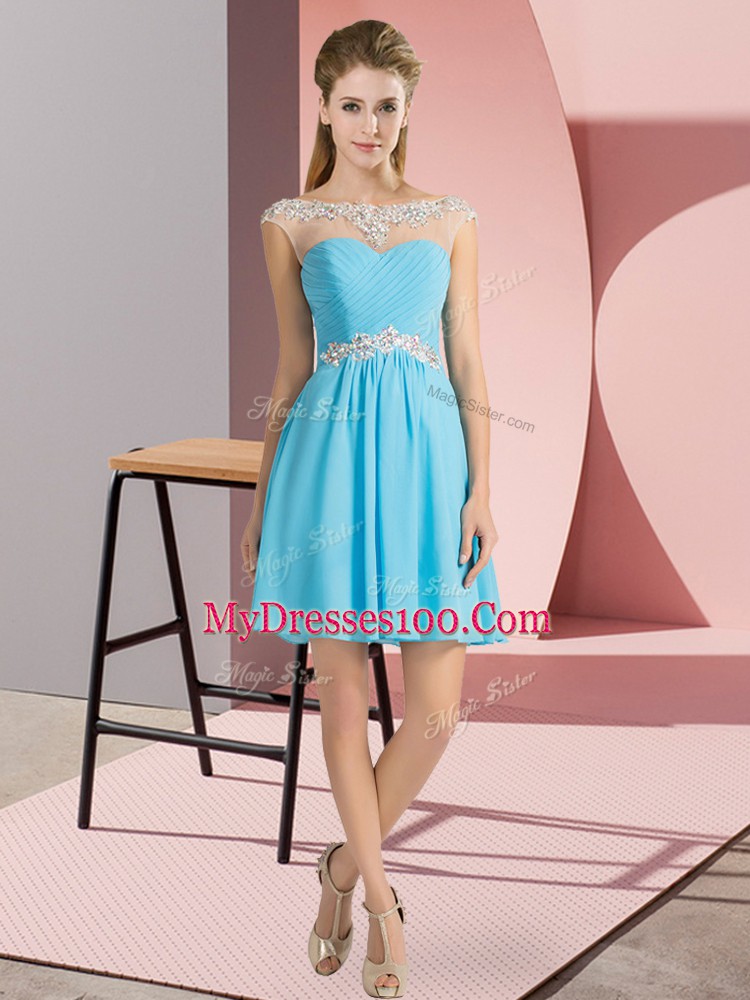 Inexpensive Aqua Blue Cap Sleeves Mini Length Beading Lace Up Homecoming Dress
