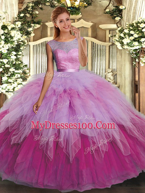 Floor Length Multi-color Quince Ball Gowns Organza Sleeveless Beading and Ruffles