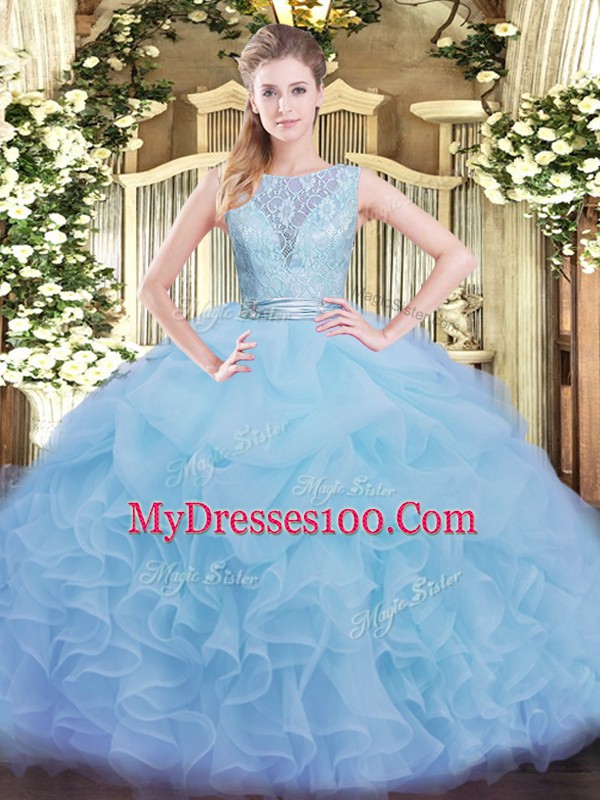Scoop Sleeveless Quinceanera Gown Floor Length Lace and Ruffles Aqua Blue Organza