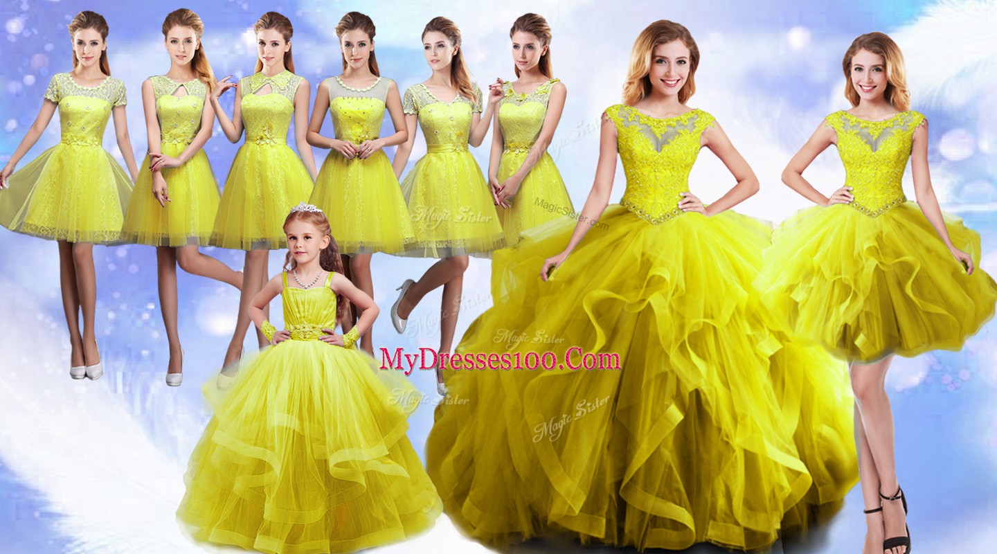 Customized Scoop Sleeveless Lace Up Vestidos de Quinceanera Yellow Organza