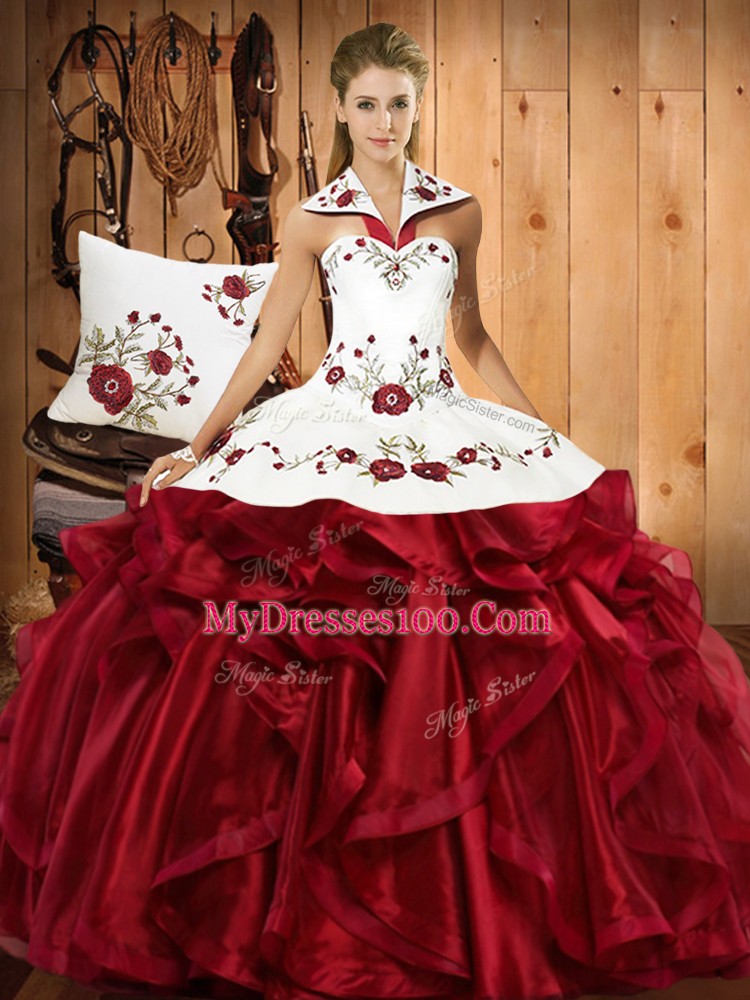 Designer Organza Halter Top Sleeveless Lace Up Embroidery and Ruffles Ball Gown Prom Dress in Wine Red