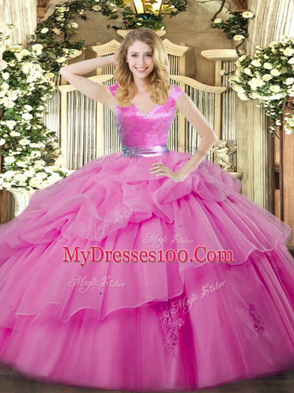 Fancy V-neck Sleeveless Sweet 16 Dresses Floor Length Ruffled Layers Lilac Organza