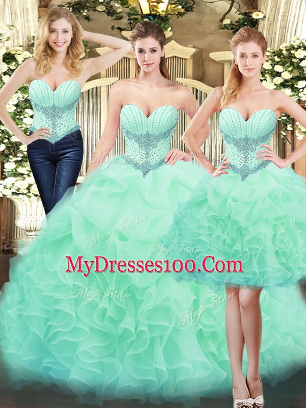 Organza Sweetheart Sleeveless Lace Up Beading and Ruffles Quinceanera Dresses in Apple Green