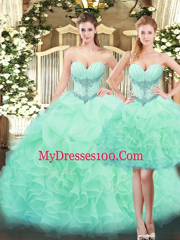Organza Sweetheart Sleeveless Lace Up Beading and Ruffles Quinceanera Dresses in Apple Green
