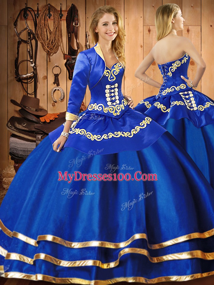 Blue Sweetheart Lace Up Embroidery Quince Ball Gowns Sleeveless