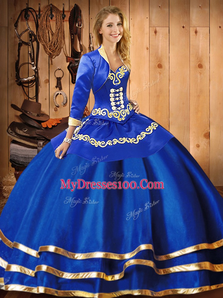 Blue Sweetheart Lace Up Embroidery Quince Ball Gowns Sleeveless