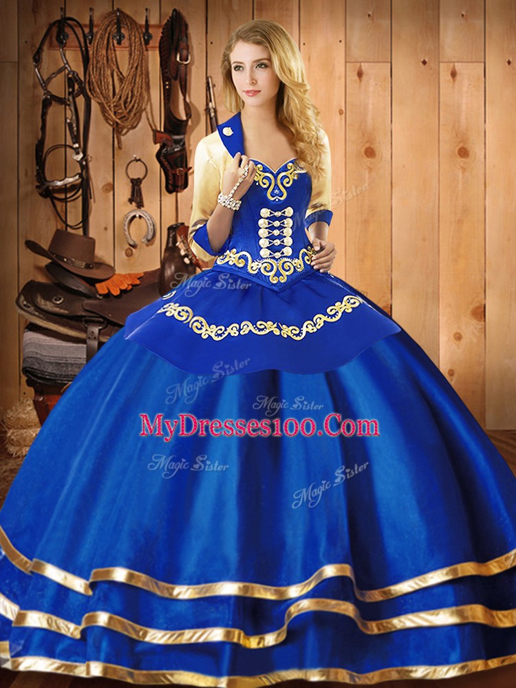 Blue Sweetheart Lace Up Embroidery Quince Ball Gowns Sleeveless