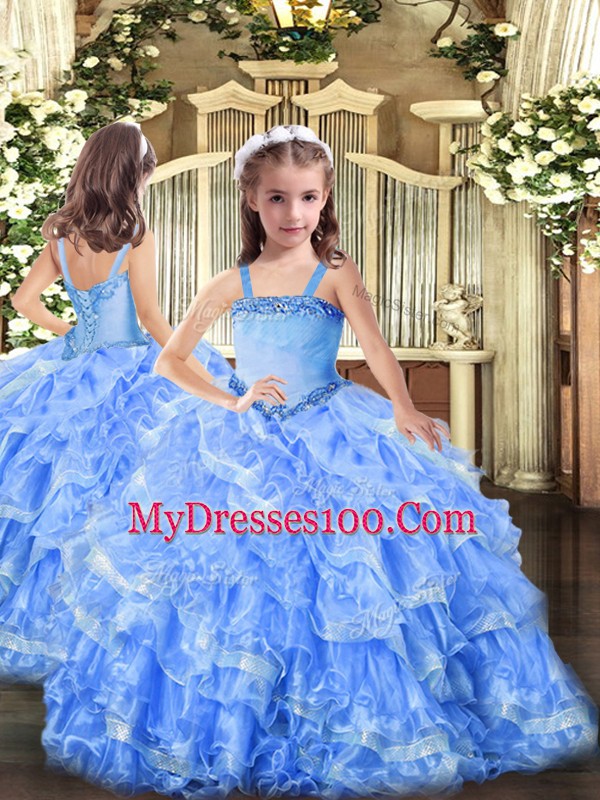 Cute Straps Sleeveless Organza Little Girls Pageant Dress Wholesale Appliques and Ruffled Layers Lace Up