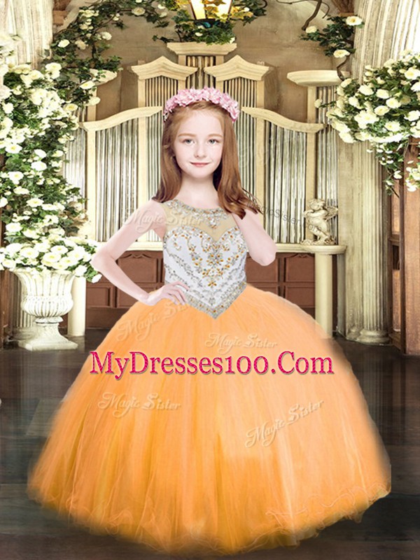 Sleeveless Zipper Floor Length Beading Kids Formal Wear