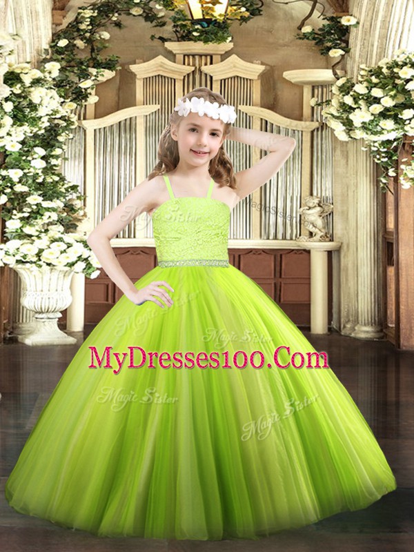 Best Yellow Green Ball Gowns Straps Sleeveless Tulle Floor Length Zipper Beading and Lace Little Girl Pageant Dress