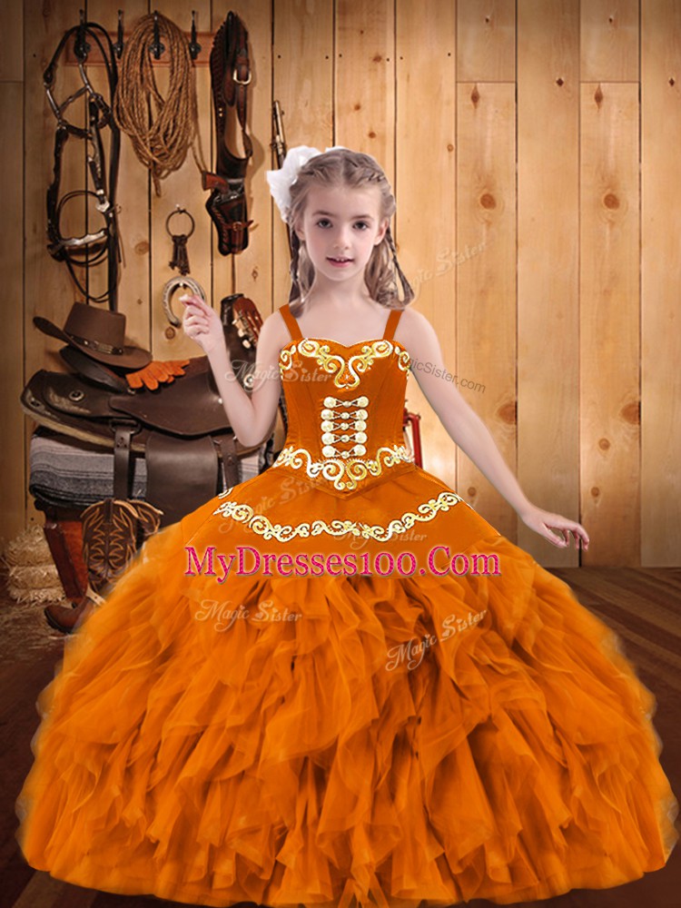 Beauteous Sleeveless Lace Up Floor Length Embroidery and Ruffles Little Girls Pageant Dress
