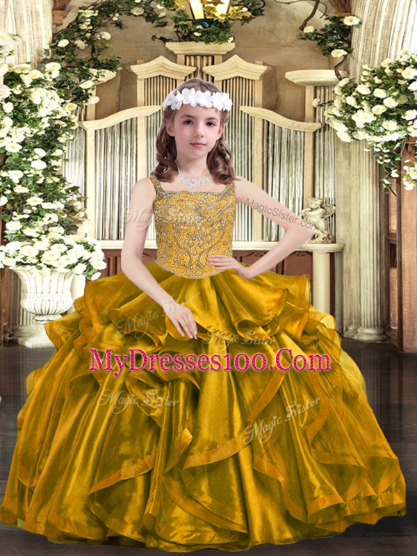 Sweet Brown Straps Lace Up Beading and Ruffles Winning Pageant Gowns Sleeveless