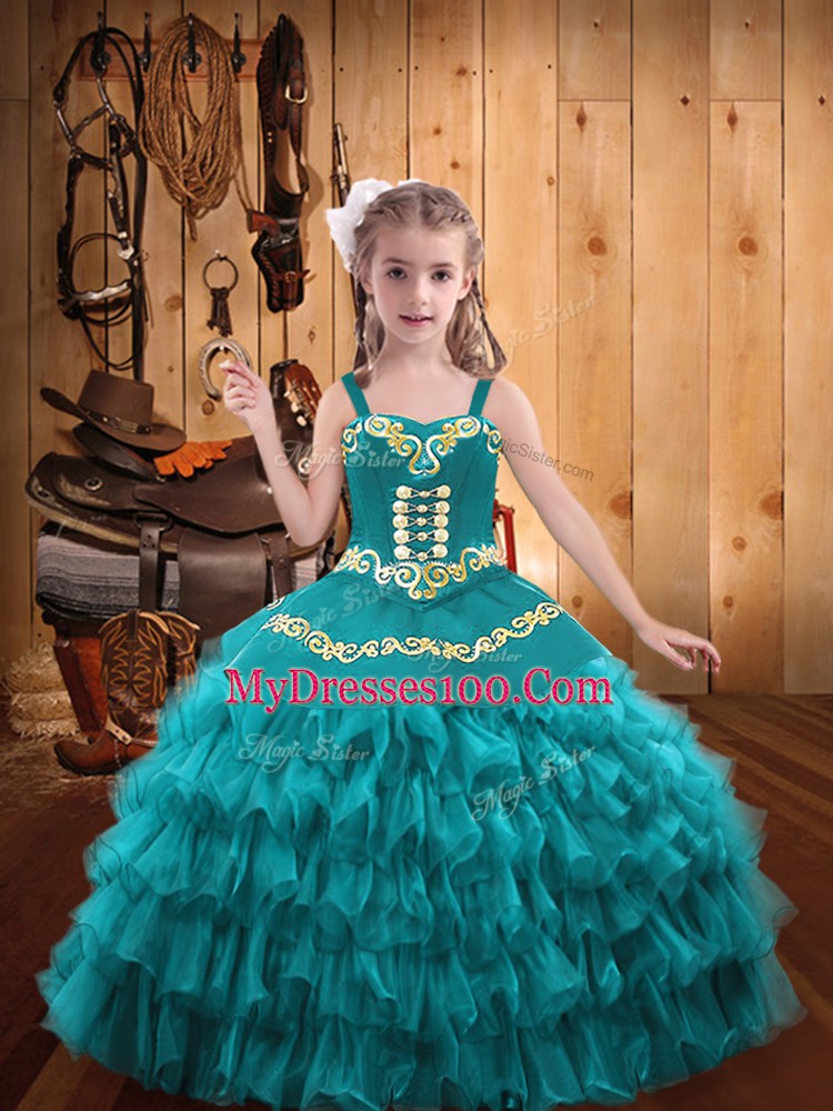 Embroidery and Ruffled Layers Little Girls Pageant Gowns Teal Lace Up Sleeveless Floor Length