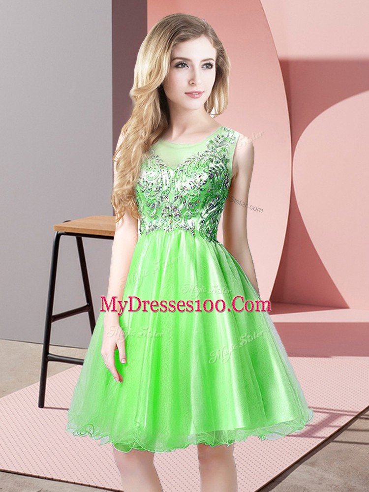 A-line Scoop Sleeveless Tulle Knee Length Zipper Beading Prom Party Dress