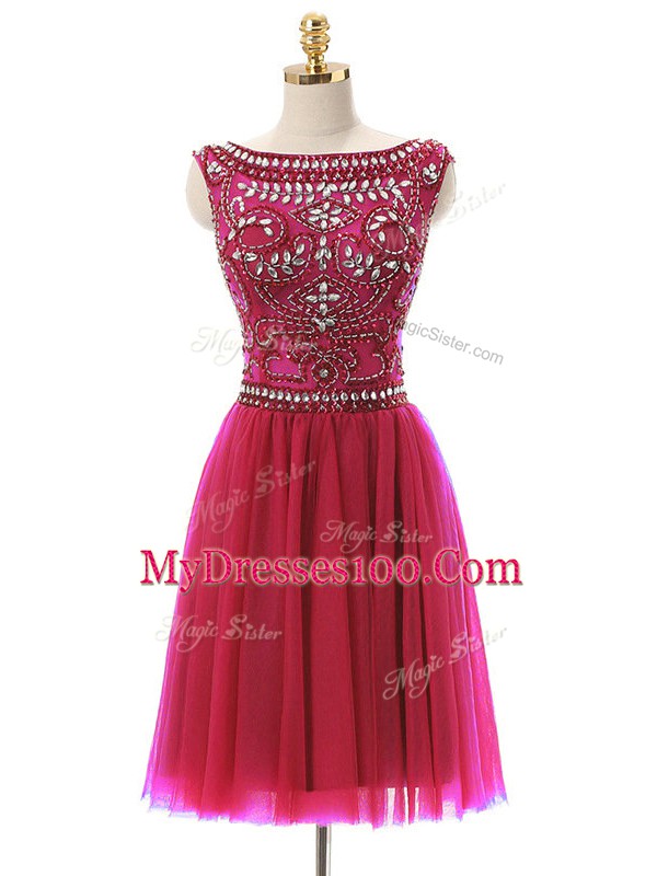 Mini Length Hot Pink Tulle Sleeveless Beading