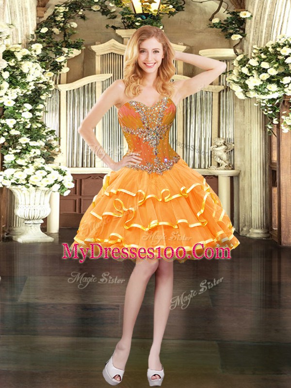 Custom Fit Sleeveless Mini Length Beading and Ruffled Layers Lace Up Homecoming Party Dress with Orange