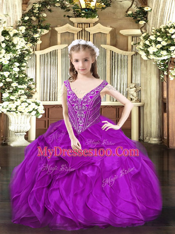 Purple Ball Gowns V-neck Sleeveless Organza Floor Length Lace Up Beading and Ruffles Glitz Pageant Dress
