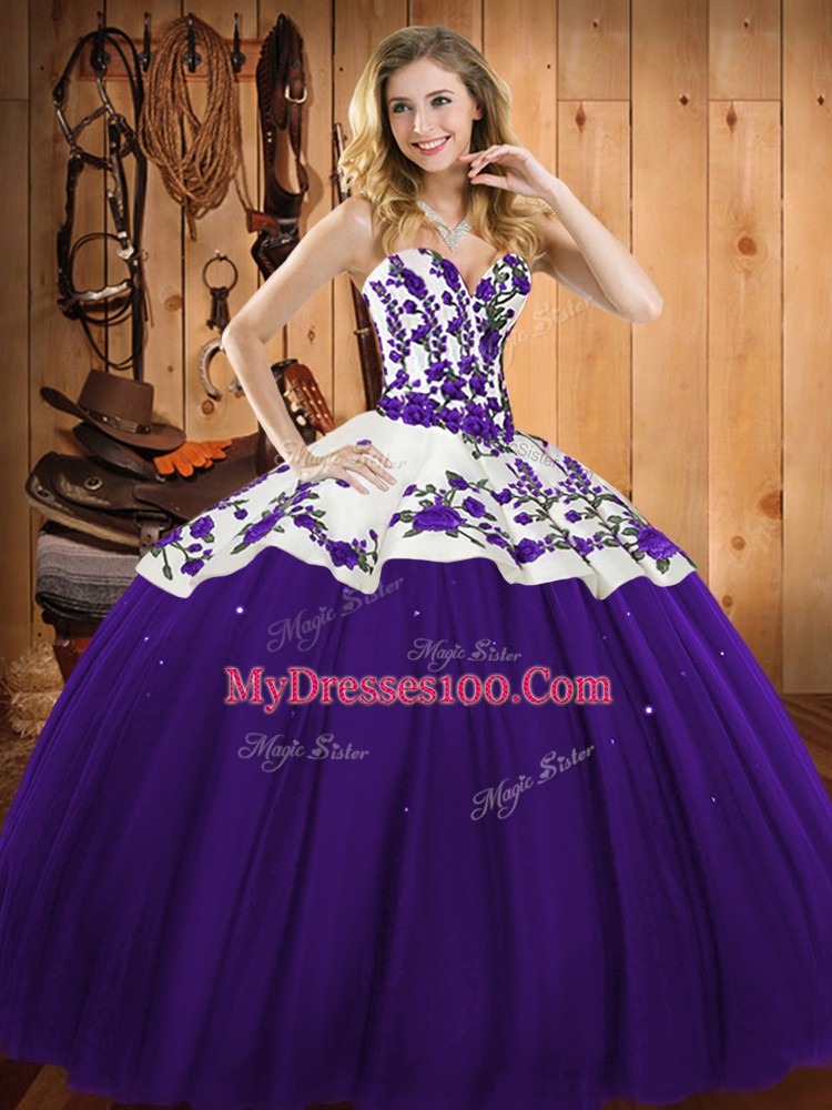 Lovely Purple Ball Gowns Embroidery Quinceanera Gown Lace Up Satin and Tulle Sleeveless Floor Length