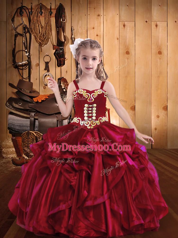Organza Straps Sleeveless Lace Up Embroidery and Ruffles Kids Formal Wear in Red