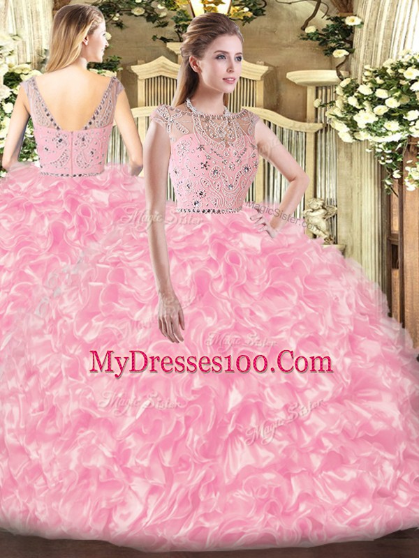 Rose Pink Sleeveless Beading and Ruffles Floor Length 15th Birthday Dress