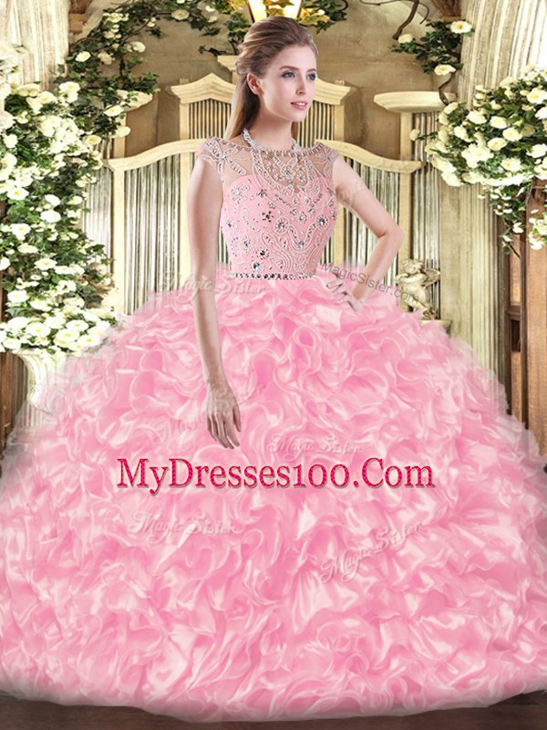 Rose Pink Sleeveless Beading and Ruffles Floor Length 15th Birthday Dress