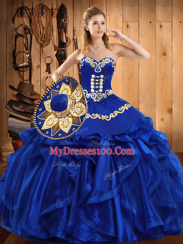 Delicate Royal Blue Organza Lace Up 15 Quinceanera Dress Sleeveless Floor Length Embroidery and Ruffles
