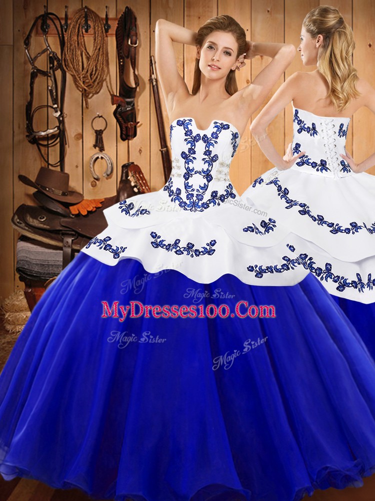 Designer Royal Blue Sweet 16 Quinceanera Dress Military Ball and Sweet 16 and Quinceanera with Embroidery Strapless Sleeveless Lace Up