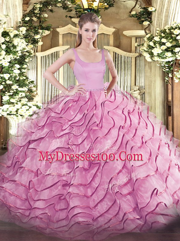 Great Rose Pink Zipper Straps Ruffled Layers Quinceanera Gowns Organza Sleeveless Brush Train