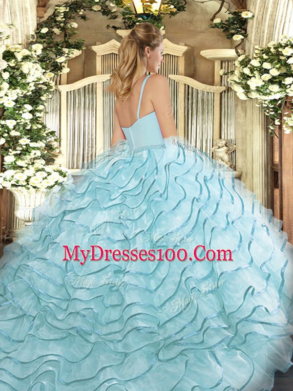 Great Rose Pink Zipper Straps Ruffled Layers Quinceanera Gowns Organza Sleeveless Brush Train