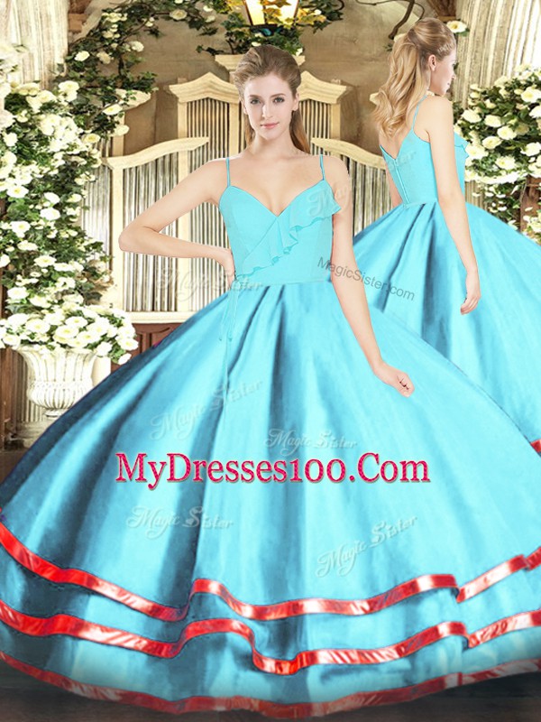 Aqua Blue Sleeveless Floor Length Ruffled Layers Zipper Quinceanera Dress