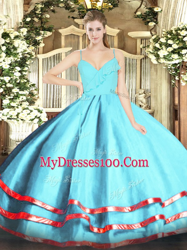 Aqua Blue Sleeveless Floor Length Ruffled Layers Zipper Quinceanera Dress
