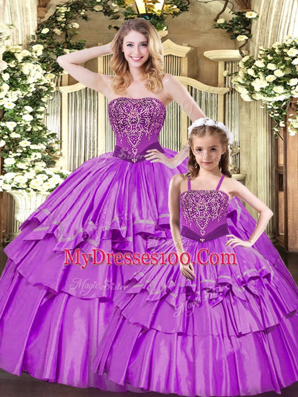 Lilac Sleeveless Floor Length Ruffled Layers Lace Up Quinceanera Dress