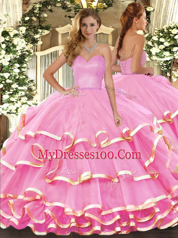 Rose Pink Ball Gowns Sweetheart Sleeveless Organza Floor Length Lace Up Ruffled Layers Vestidos de Quinceanera