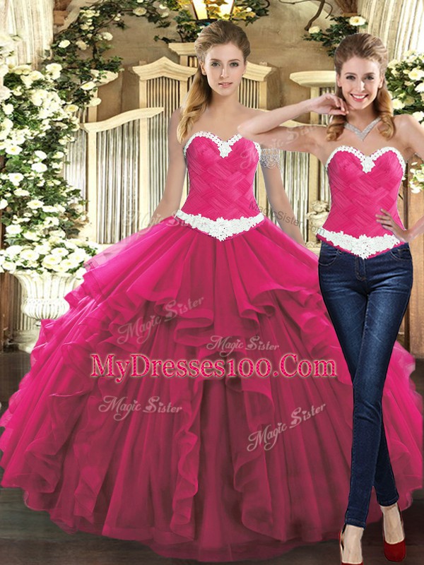 Simple Sweetheart Sleeveless Sweet 16 Quinceanera Dress Floor Length Ruffles Fuchsia Tulle