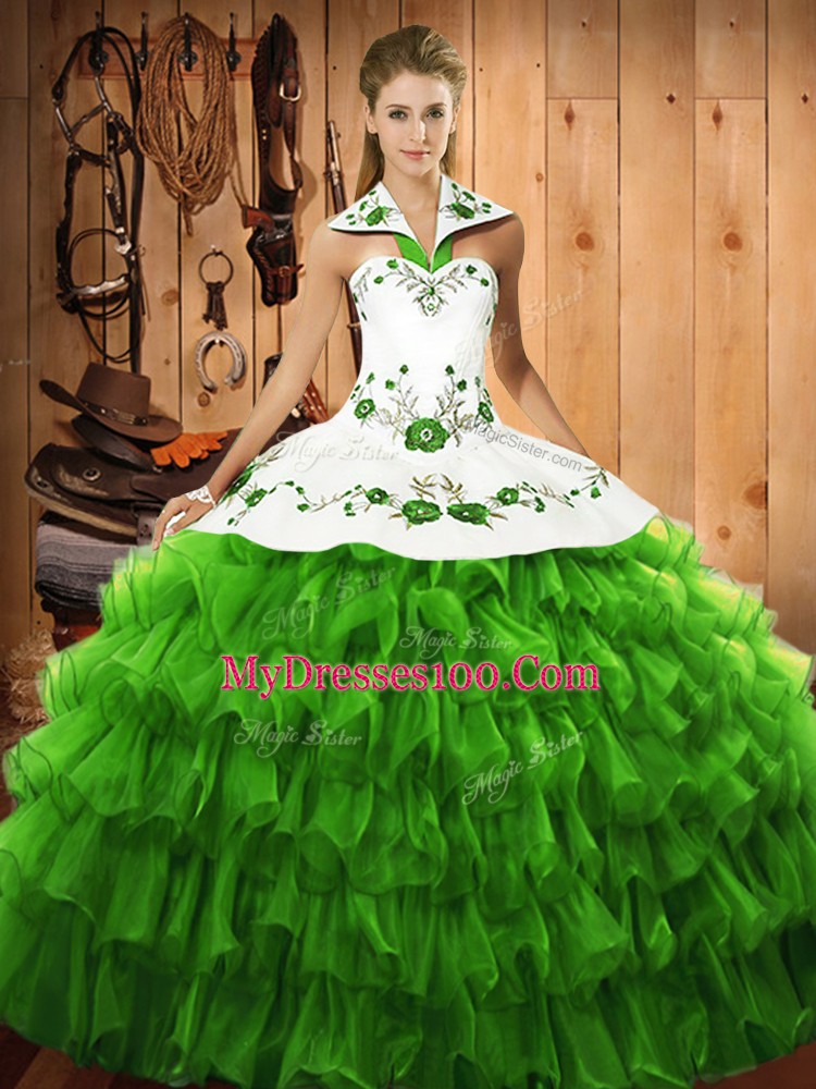 Glittering Sleeveless Floor Length Embroidery and Ruffled Layers Lace Up Quince Ball Gowns