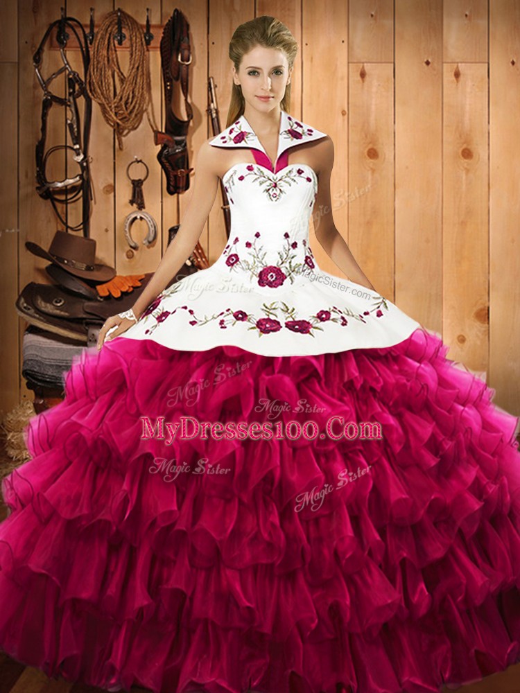 Fitting Sleeveless Embroidery and Ruffled Layers Lace Up Quinceanera Dress