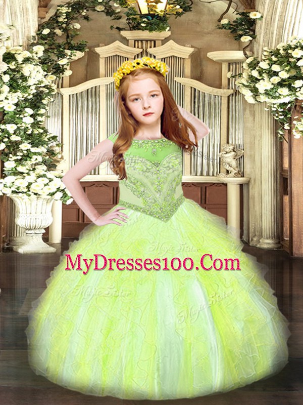 Inexpensive Scoop Sleeveless Kids Formal Wear Floor Length Beading and Ruffles Yellow Green Organza
