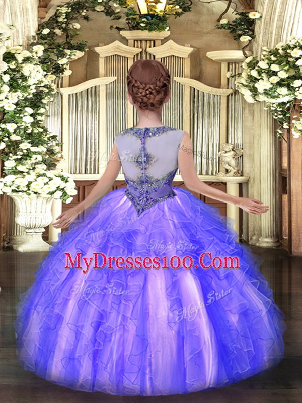 Inexpensive Scoop Sleeveless Kids Formal Wear Floor Length Beading and Ruffles Yellow Green Organza