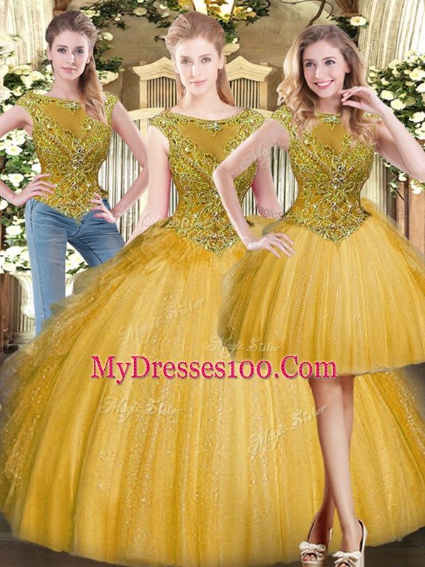 Gold Sleeveless Floor Length Beading and Ruffles Zipper Ball Gown Prom Dress