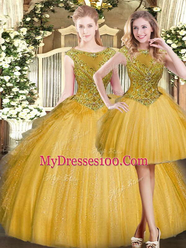 Gold Sleeveless Floor Length Beading and Ruffles Zipper Ball Gown Prom Dress