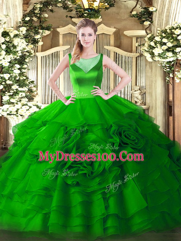 Nice Beading and Ruffled Layers Sweet 16 Quinceanera Dress Green Zipper Sleeveless Floor Length