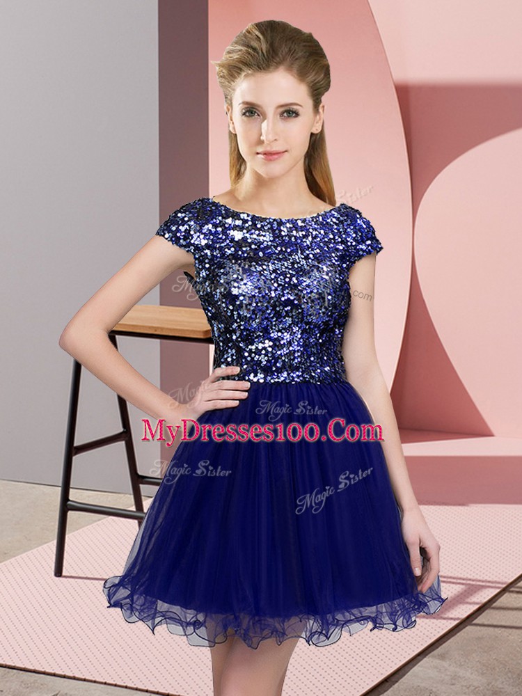Glittering Blue Cap Sleeves Mini Length Sequins Zipper Bridesmaid Gown
