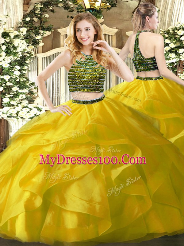 Top Selling Halter Top Sleeveless Zipper Ball Gown Prom Dress Yellow Organza