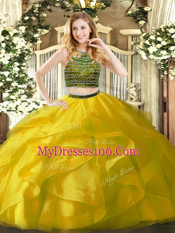Top Selling Halter Top Sleeveless Zipper Ball Gown Prom Dress Yellow Organza