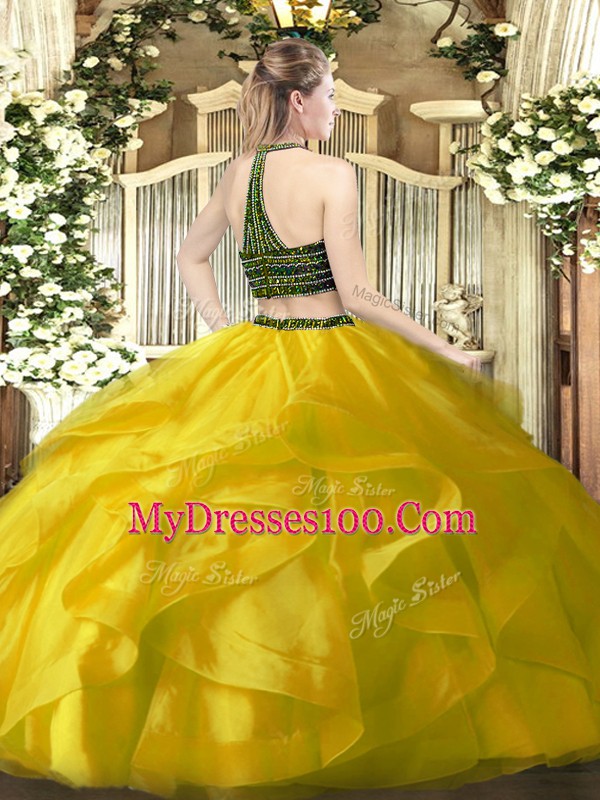 Top Selling Halter Top Sleeveless Zipper Ball Gown Prom Dress Yellow Organza