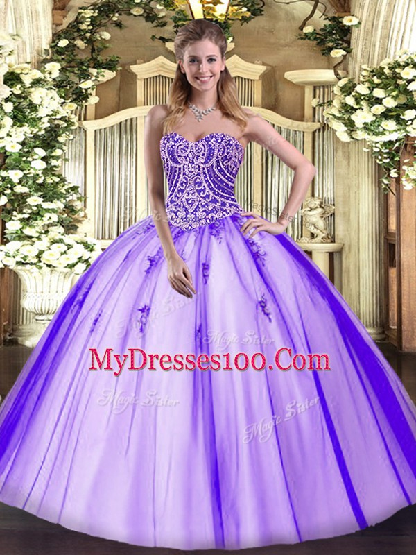 Lavender Ball Gowns Tulle Sweetheart Sleeveless Beading Floor Length Lace Up Sweet 16 Quinceanera Dress