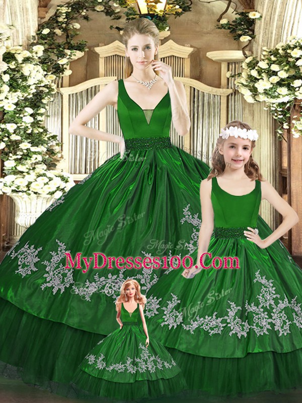 Green Ball Gowns Beading and Appliques 15th Birthday Dress Zipper Organza Sleeveless Floor Length